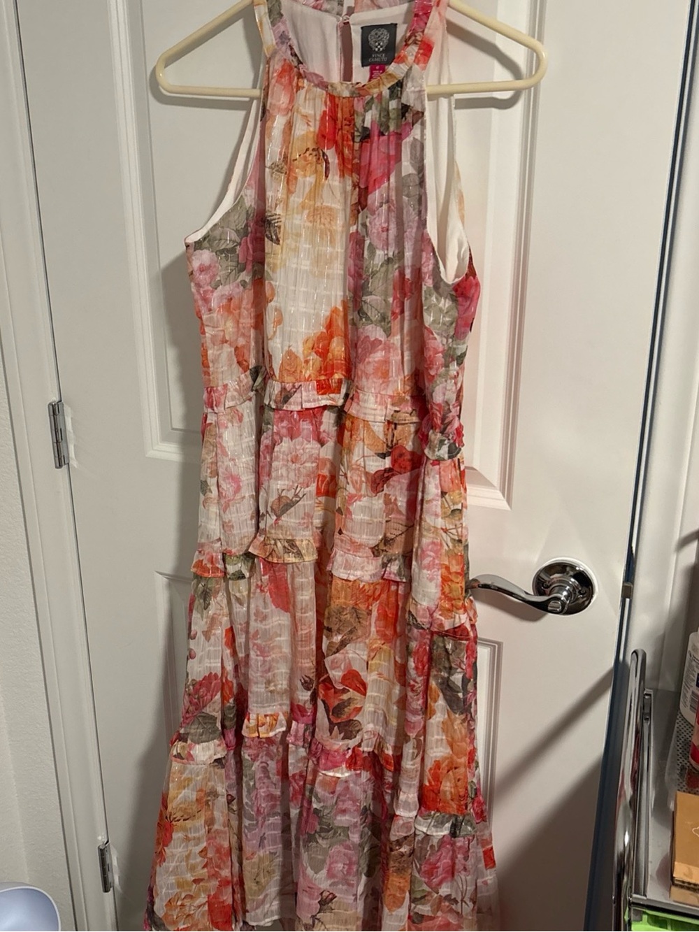 Vince Camuto Printed Chiffon Ruffle-Tier High-Low Dress Women 12 Pink Sleeveless